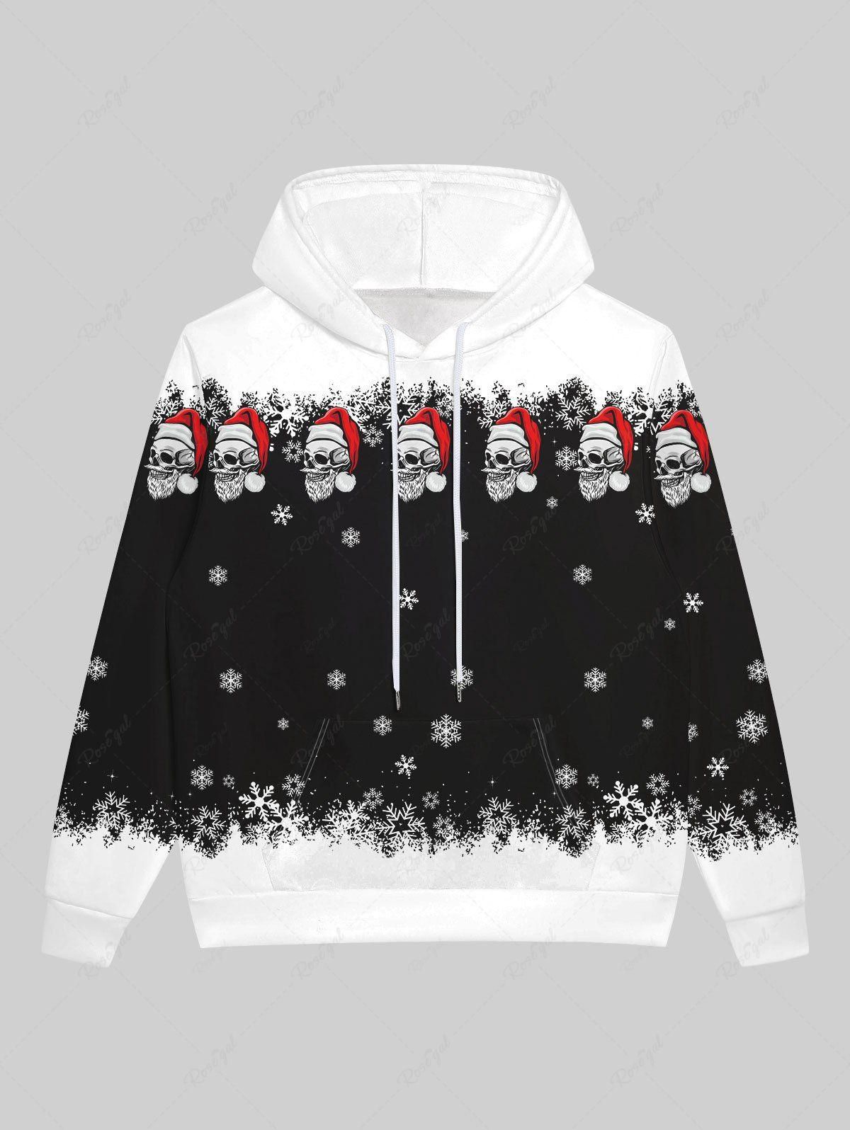 Gothic Skulls Santa Claus Snowflake Print Pocket Fleece Lining Pullover Hoodie For Men - 5xl