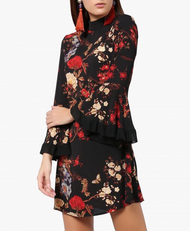 Black and Red Floral Printed Frill Dress