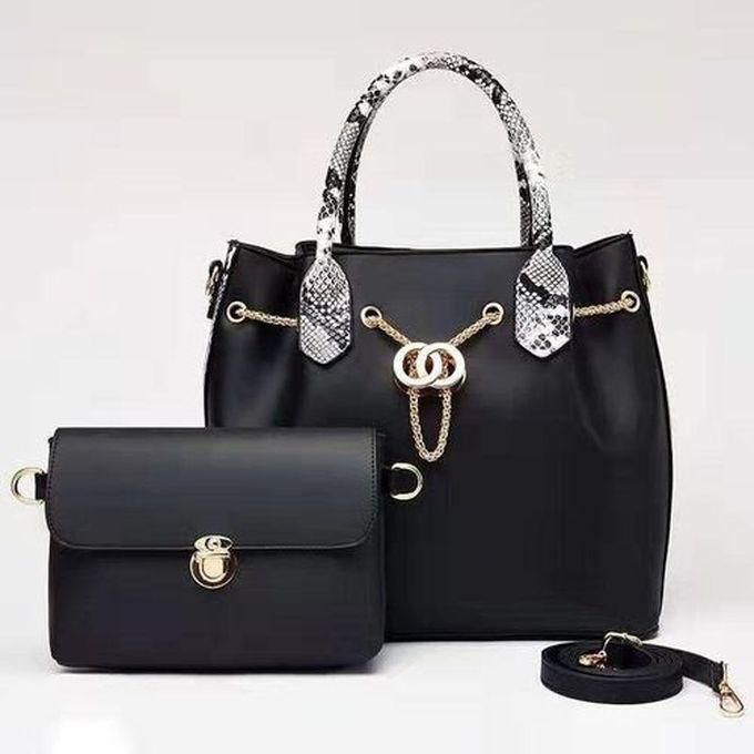 Women Tote 2pcs Fashion PU Metal Chain Handbag - Black