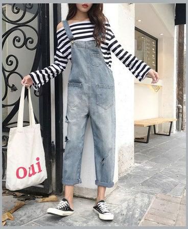 Autumn Jeans Pants Ripped Overalls Suspender Trousers Blue