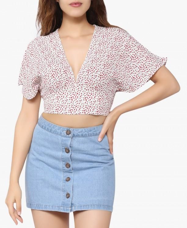 White and Red Floral Crop Top