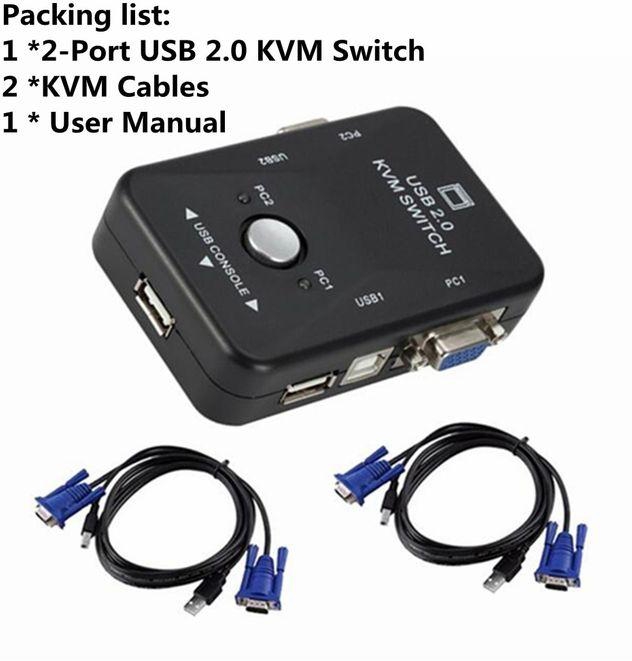 2 Port USB 2.0 KVM Switch Video VGA Mouse Switcher Keyboard Splitter 2 In 1 Out Monitor Sharing HDMI-Compatible Switcher Box