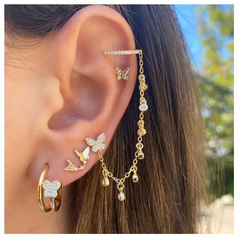 Women's earrings Women's butterfly chain diamond earrings Alloy fashionable exaggerated personality big earrings 4-piece set gold earrings
