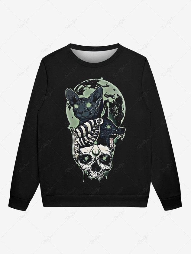 Gothic Moon Skull Cat Wolf Print Crew Neck Sweatshirt For Men - 8xl