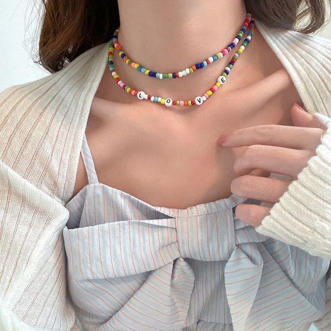 Fashion Love Two Choker Beaded Necklace Multicolor