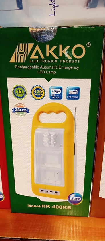 LAMP RECHARGEABLE AUTOMATIC EMERGENCY LED LAMP WITH AN FM RADIO AKKO USB OUTPUT 5V 1A.THERE IS NO MORE LIVING IN DARKNESS WITH THE POWER OFF. A RADIO TO KEEP YOUR NIGHTS GREAT.HAS 