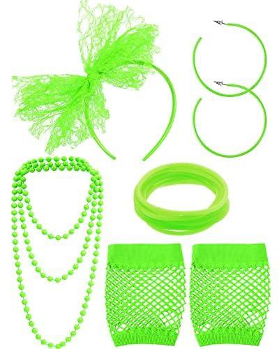 80s Fancy Dress Costume Accessories Lace Headband Earrings Fishnet Gloves Necklace Bracelet for 80s Retro Party(Fluorescent Green)