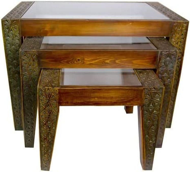 Yashmak Carved Wooden Table Set - 3 Pcs