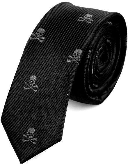 ربطة عنق بتصميم كوري حرير رفيعة بطبعات جمجمة كول، اسود