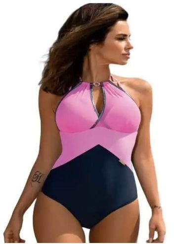 Fashion Adorable Halter Pink Light Keyhole Halter Backless One Piece Swimsuit.