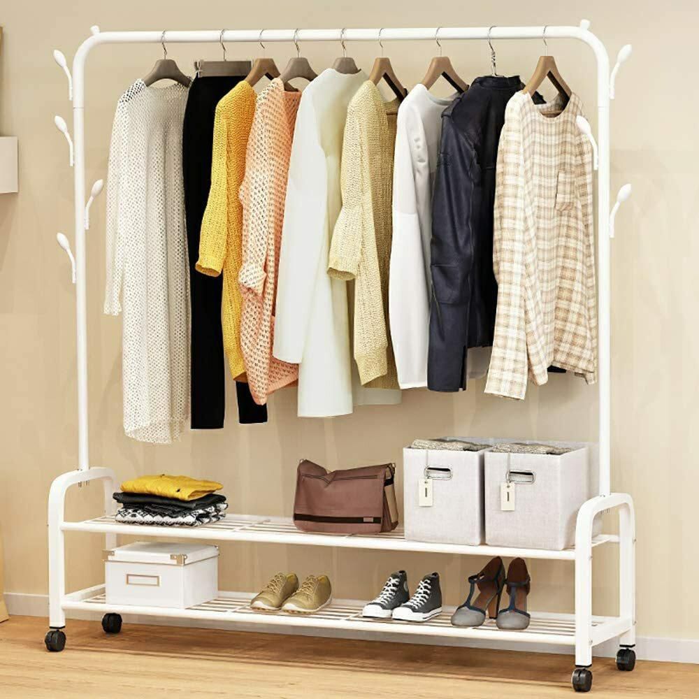 Uujuly Simple Clothes Storage Cabinet / Dress Coat Hanger Drying Racks with 2-Layer Shoe Shelves