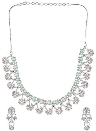 VOYLLA VoyllaFloral Motifs Pink and White CZ Adorned Brass Silver Plated Jewellery Set