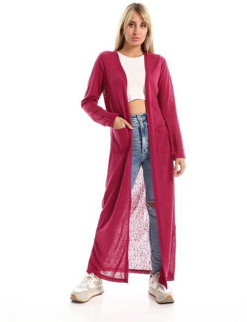 Kady Open Neckline Long Cardigan With Front Pockets - Magenta