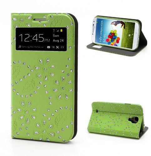S View Wake & Sleep Leather Stand Case For Samsung Galaxy S4 i9500, Glittery Powder Floral design [Green]