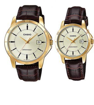 Casio MTP-V004GL-9A Leather Watch - For Men - Brown + LTP-V004GL-9A Leather Watch - For Women - Brown