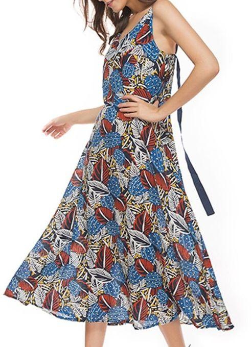 TANG Plus Size Casual Fashion Flower Print Sleeveless Strap Beach Dresses - Blue