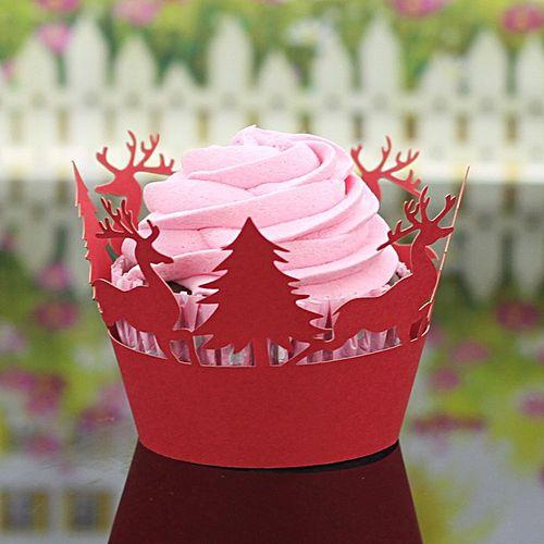 Eissely 24Pcs Christmas Hollow Lace Cup Muffin Cake Paper Case Wraps Cupcake Wrapper Red