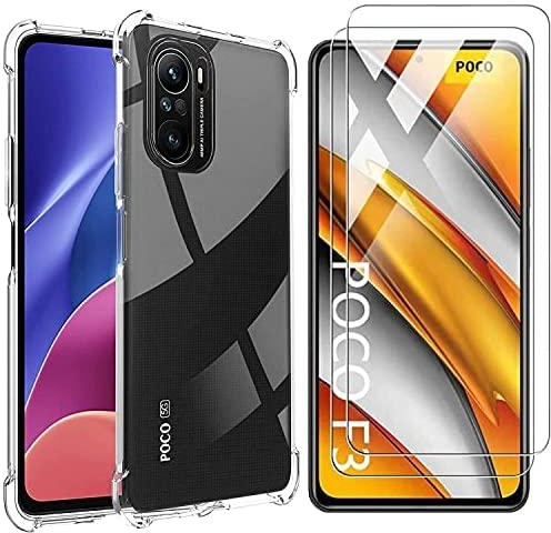 Fegishilly Case with Screen Protector for Mi Poco F3, Transparent Soft TPU Shockproof Case + [2 Pack] HD Tempered Glass Screen Protector for Xiaomi Poco F3