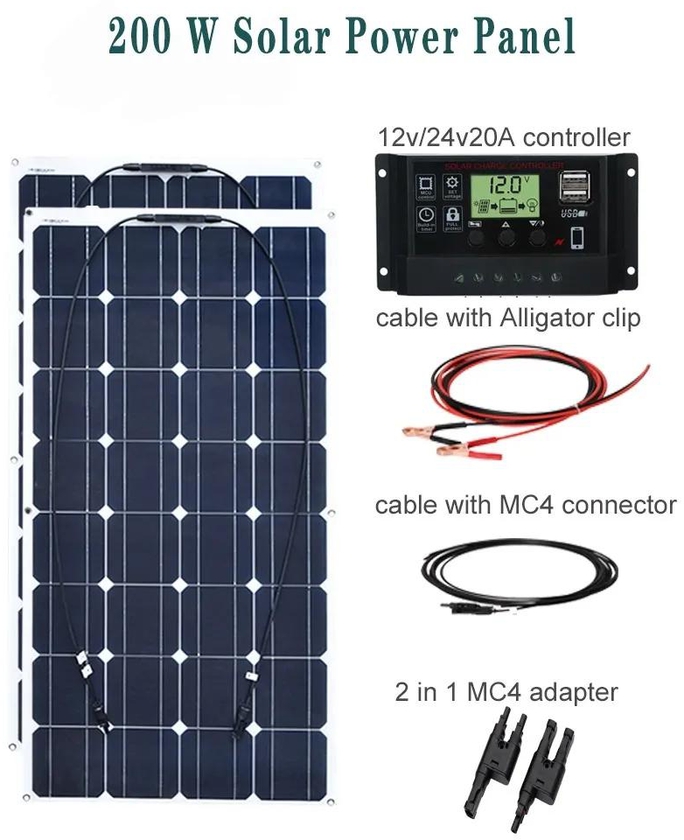 200W Solar Panel System 2Pcs 100W Flexible Solar Panels 20A Solar Controller Connector