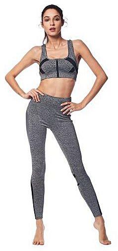 Fashion Women Zipper Padded Shockproof Gym Pants Yoga Set - Grey