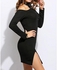 Sunshine Fashion Casual Halter Off Shoulder Front Lace Up Hem Split Slim Dress-Black