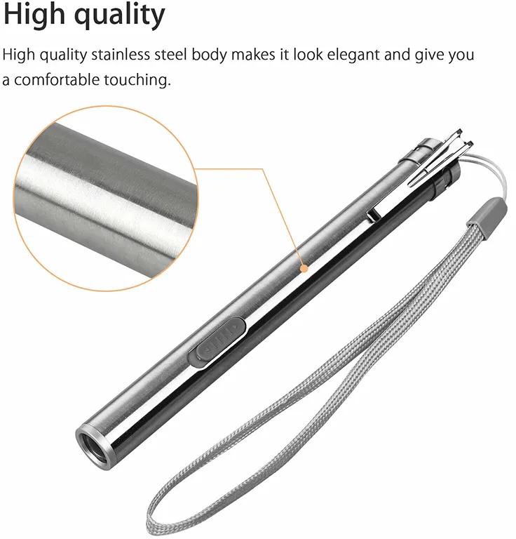 USB Rechargeable Medical Handy Pen Light Mini Nursing Flashlight LED Torch Lamp With Stainless Steel Clip Pocket Led Flashlight