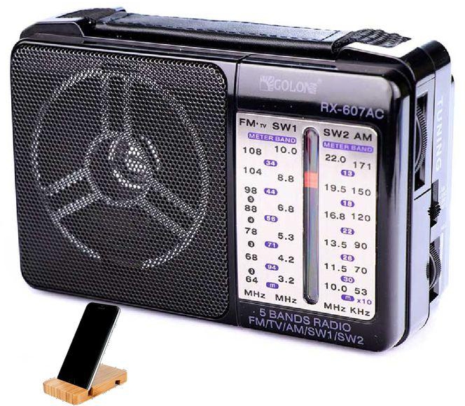 Golon راديو كلاسيكي صغير يعمل بالكهرباء - اسود + حامل موبيل خشبي هديه-607