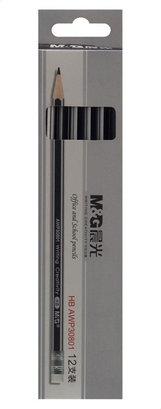 M&G Set Of 12 Pencils With Eraser, Grey Black