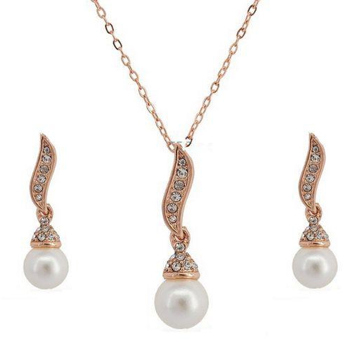 18K Rose Gold Plated Pearl Pendant Necklace and Earring Set [KMP192]