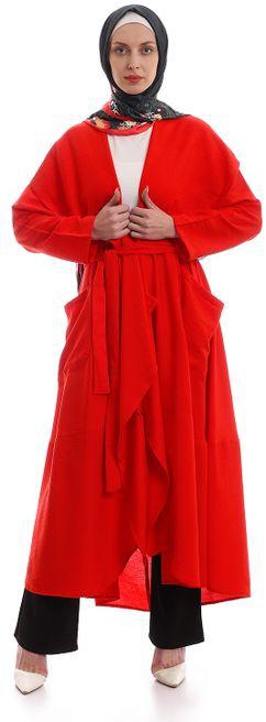 Long Sleeves Hooded Slip On Cardigan - Hot Red
