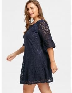 Plus Size Bell  Sleeve Lace Dress - Deep Blue - 5xl