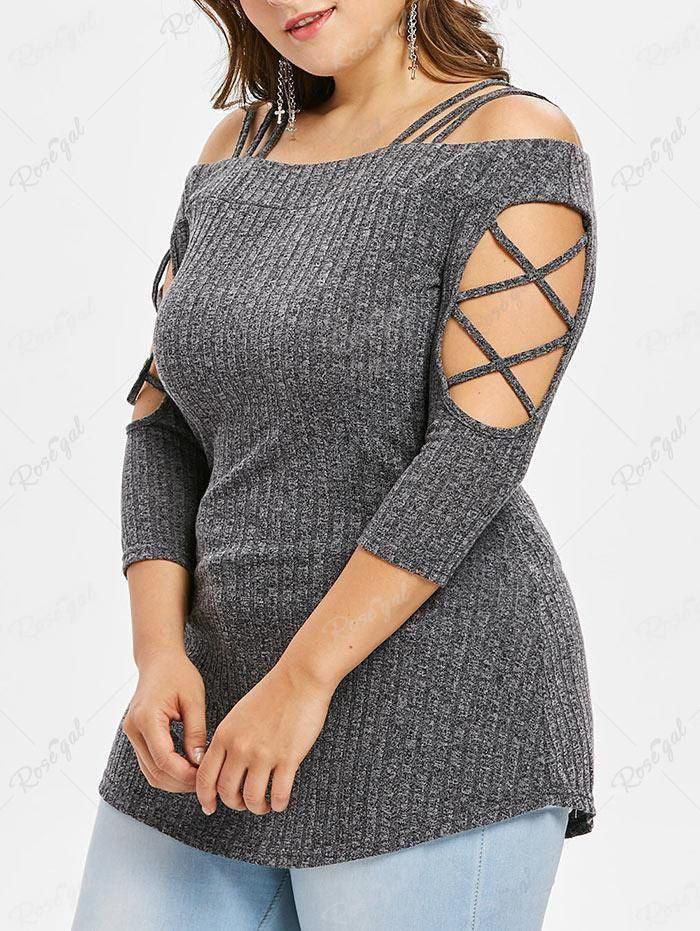 Plus Size Braided Sleeves Cold Shoulder Knitted T-shirt - L | Us 12