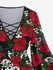 Plus Size Rose Flowers Leaf Print Lattice Crisscross Flare Sleeve T-shirt - 6x