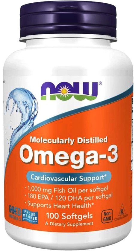 Now Molecularly Distilled Omega-3 Cardiovascular Support Dietary Supplement 100 Softgels