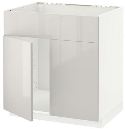 METOD Base cabinet f sink w 2 doors/front, white, Ringhult light grey