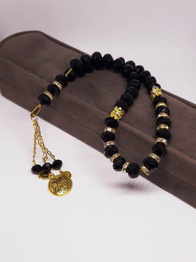 RA accessories Unisex Islamic Crystal Rosary Black & Golden Breaks- 33 With Diamond Lobes