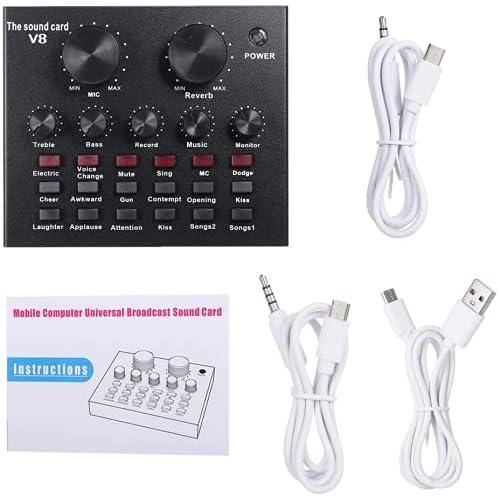 V8 Live Sound Card,Mini Sound Mixer Board Portable Audio Mixer Voice Changer Sound Card Support Mobile Phone Tablet Computer Laptop,Volume Adjustable for Music Recording Karaoke Singing Broadcast