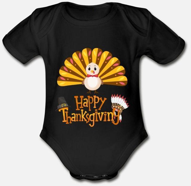 Turkey Happy Thanksgiving T Shirt Organic Short Sleeve Baby Bodysuit
