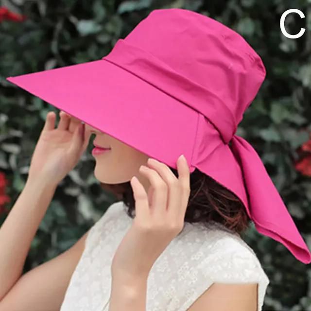 Womens Summer Beach Sun Hats Foldable Big Wide Brim Bucket Caps Sunscreen Anti-UV Fashion Bow Seaside Travel Hats