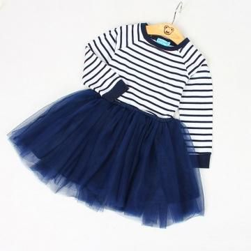 Spring Girls Dresses Long Sleeve Blanck&White Striped Mesh Design Princess Dress Children Clothing navy blue 3T