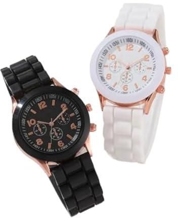 LAVISHINE COMBO 2 Pcs Luxury Women's Watch Set Fashion Luxury Elegant Alloy Wristwatch Silicone Strap Couple Watch Men Quartz Holiday Gifts