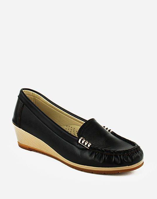 Genuine Plain Wedge Loafers - Black