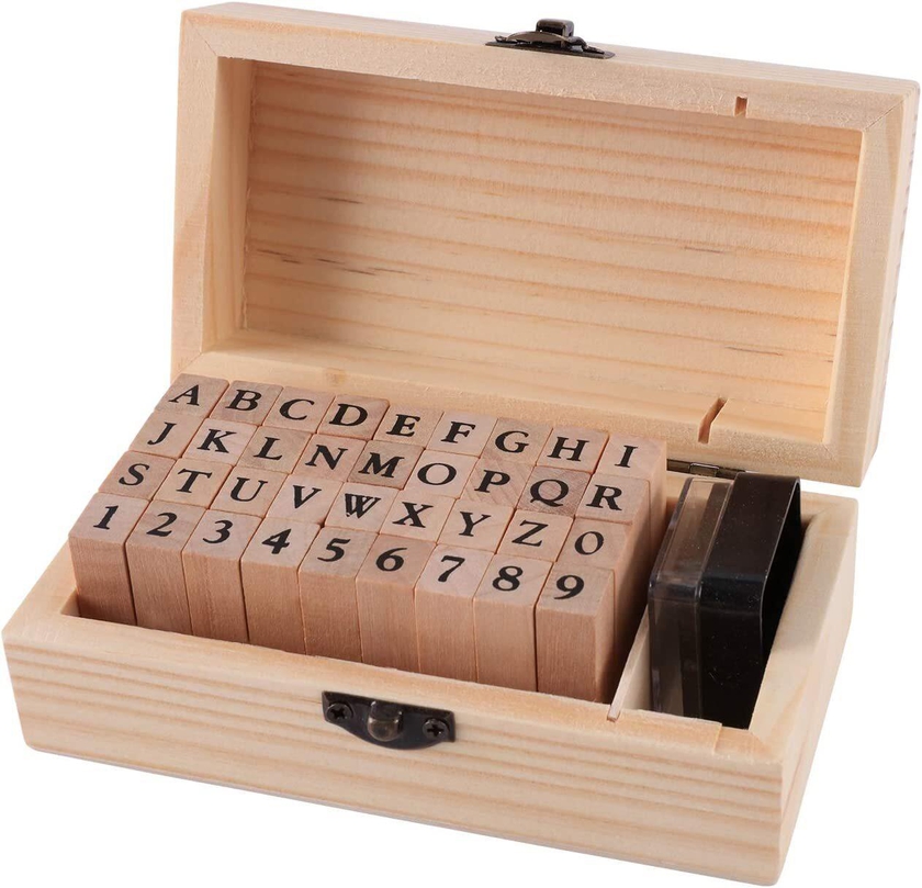 Wooden Rubber Stamps Kit, Fashionclubs 36pcs Vintage Wooden Rubber Alphabet Letter Number Stamps Set, Craft Ink Stamp Stamper Seal Set with Wooden Storage Box