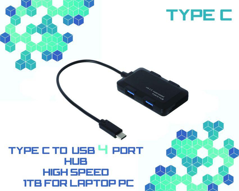 Type-C To 4-Port USB Hub 480Mbps High Speed For Laptop Pc Support 1TB - Black