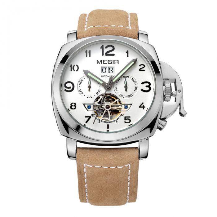 MEGIR 2713 Male Causal Geniune Leather Mechanical Watch Date Chronograph Luminous Sport Military Watch Fashion Clock Waterproof-Silver