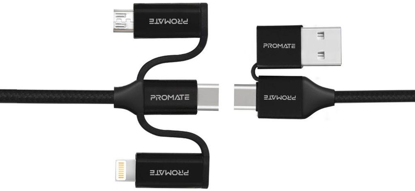 Promate 6-In-1 Multi Charging Cable, Premium Hybrid 20V 3A Lightning, USB-C, Micro USB Connectors to USB-A and USB-C Fast Sync Charging Cable Data Cord with 60W Type-C to Type-C Power Delivery Cable, PentaPower Black