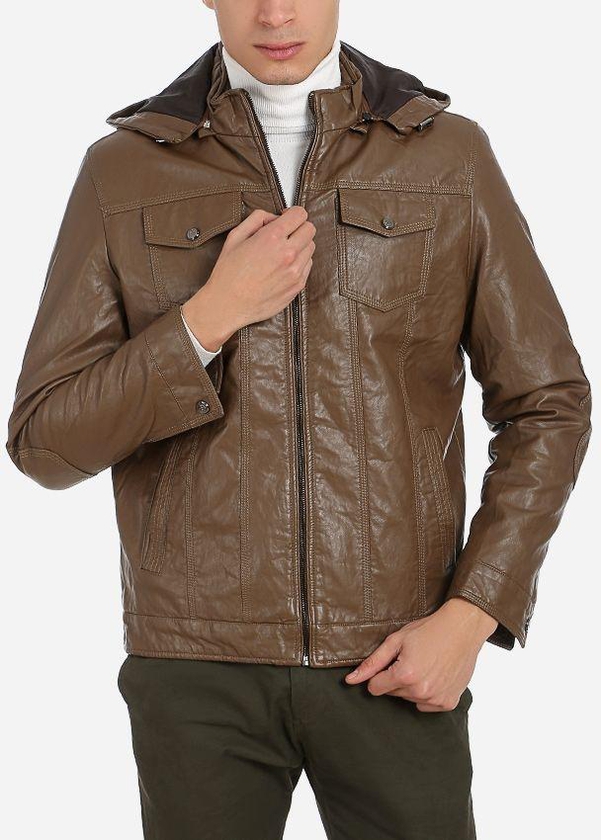 Tie House Hooded Leather Jacket - Brown