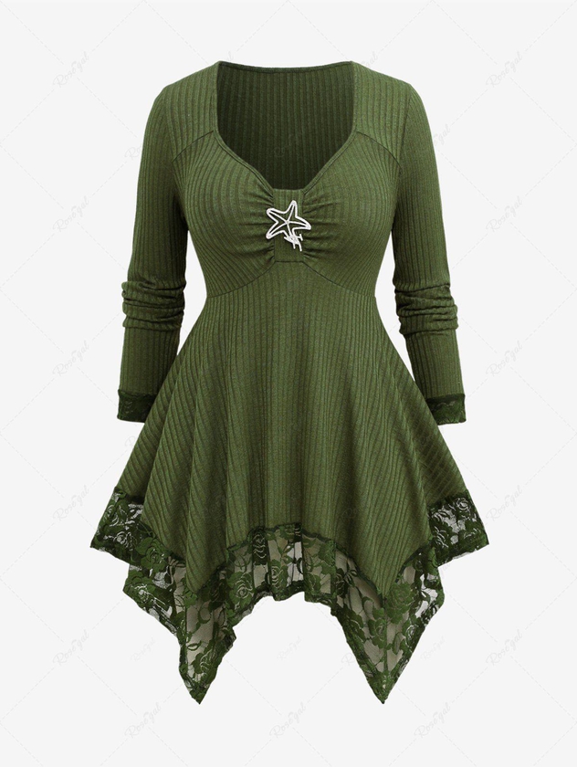 Plus Size Floral Lace Panel Sparkling Star Buckle Ruched Knitted Asymmetric T-shirt - L | Us 12