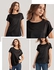 ROV D'Clothier Black Roll Up Short Sleeve Round Neck Top Satin Silk Women Blouse Shirt