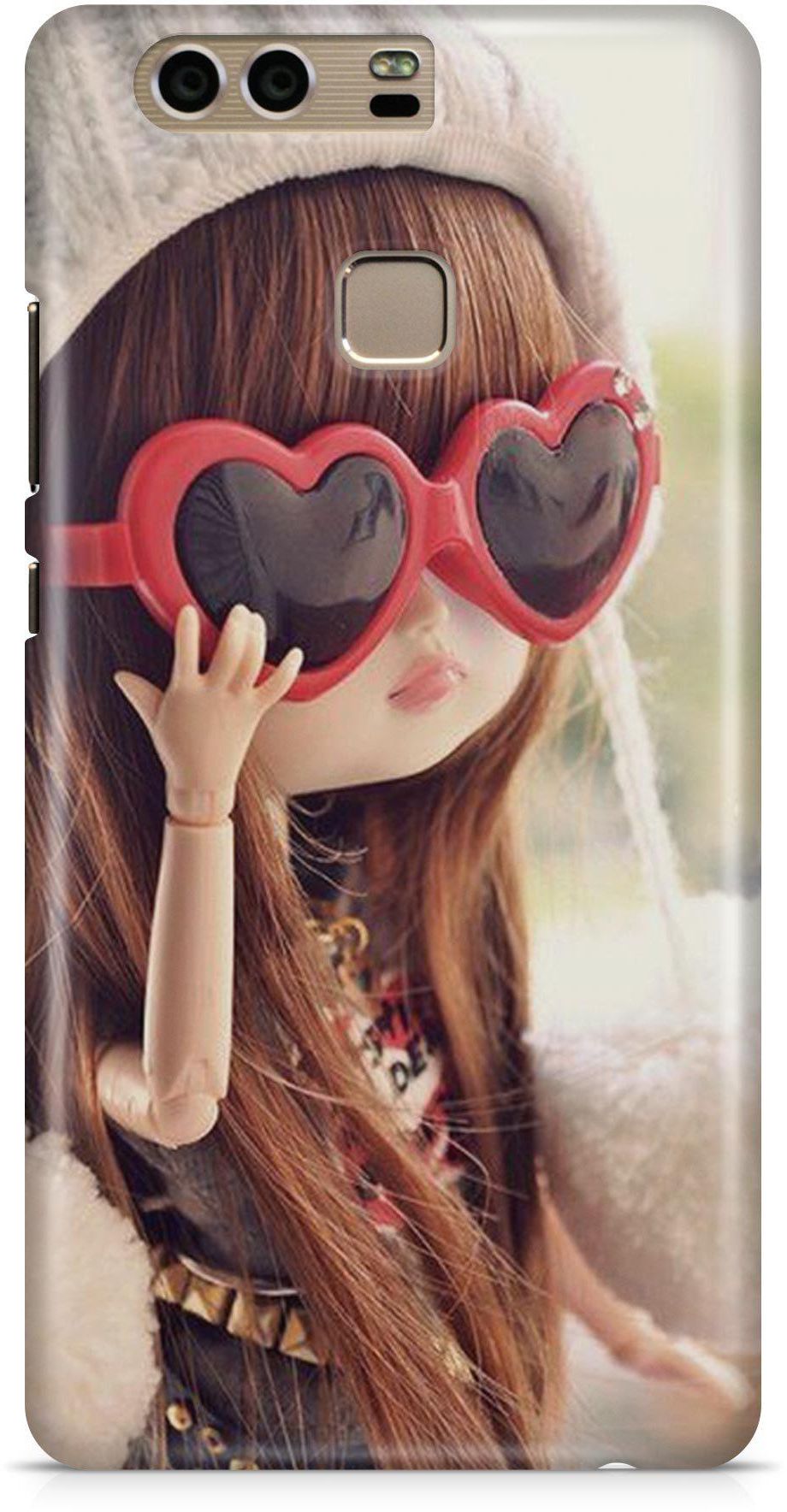 Cute Love Heart Doll with Glass Strong Plastic Curb Shockproof Protective Case Cover for Huawei P9